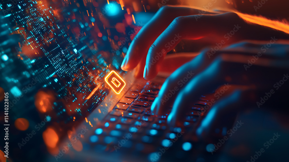 Poster hands typing on a laptop with a glowing digital lock symbol, bokeh effect, abstract cyber security c