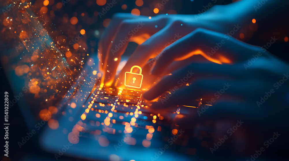 Fototapete hands typing on a laptop with a glowing digital lock symbol, bokeh effect, abstract cyber security c