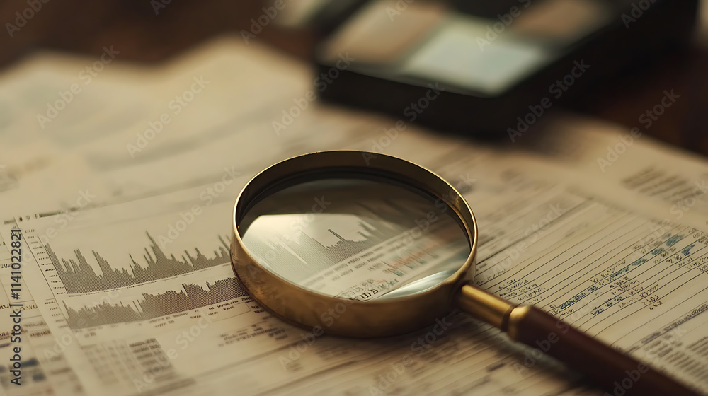 Poster Magnifying glass placed on financial documents with charts and graphs, highlighting data analysis