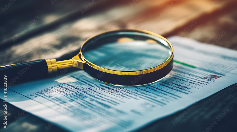 Poster Magnifying glass placed on financial documents with charts and graphs, highlighting data analysis