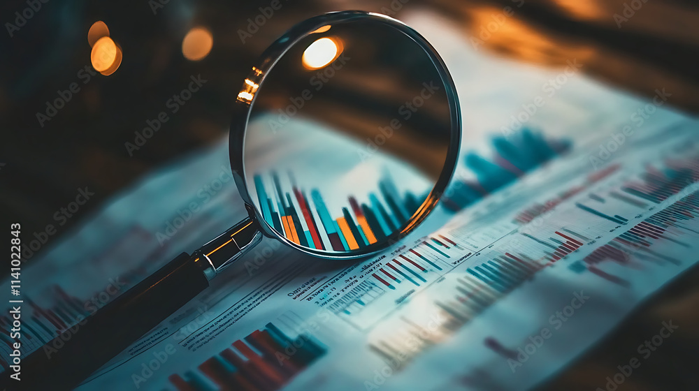 Poster Magnifying glass placed on financial documents with charts and graphs, highlighting data analysis