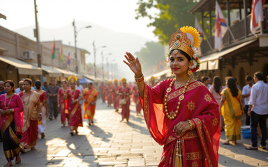 Naklejka premium Smiling hindu woman waving during religious procession in mauritius