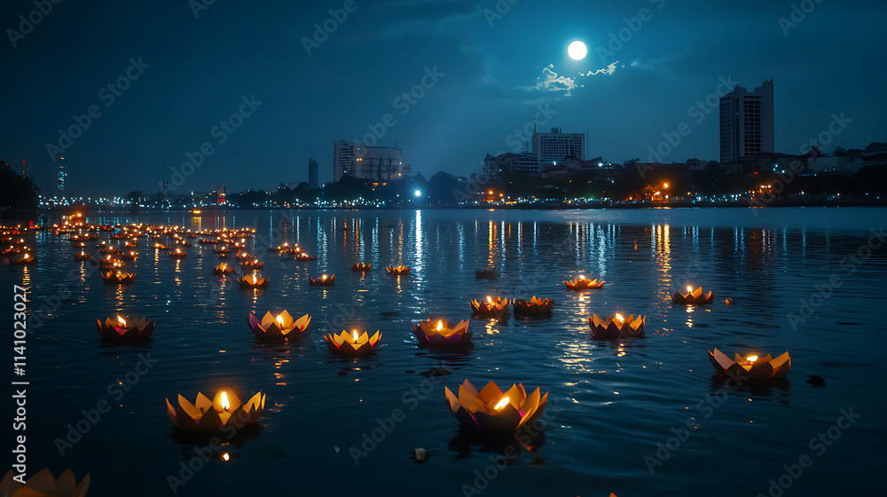 Aufkleber many krathong are floating on a river at night, illuminated by the moon during loy krathong festival