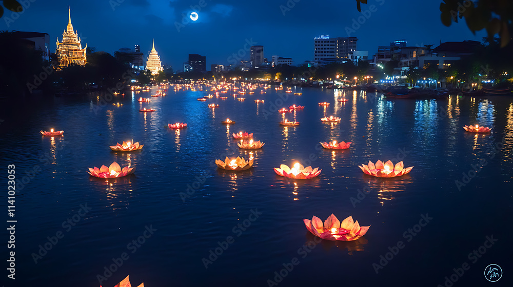 Poster many krathong are floating on a river at night, illuminated by the moon during loy krathong festival
