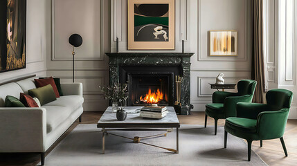 Marble coffee table near grey sofa and green velvet armchair against fireplace, art deco style interior design of modern living room