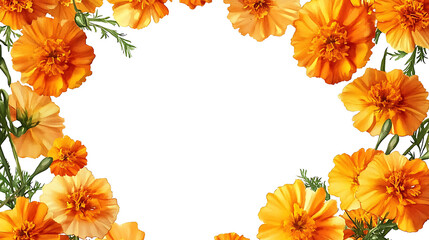 Obraz premium Marigold themed frame or border for photos, with orange and yellow blooms, watercolor illustration, white color background, botanical border for wallpaper or wrapping