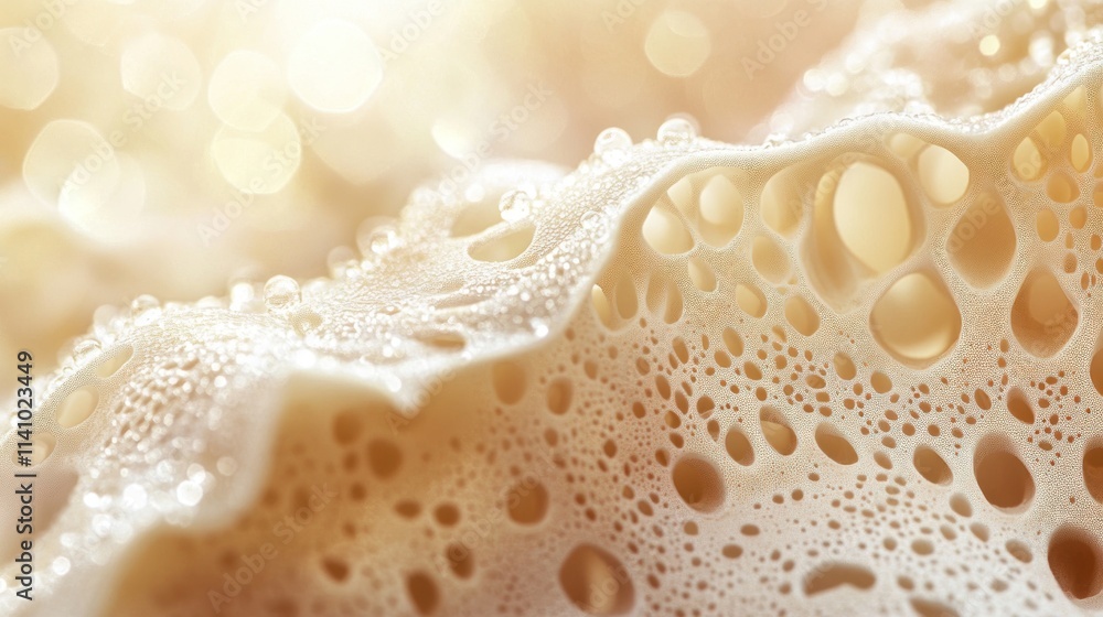 Poster close-up of textured surface with bubbles and soft lighting.
