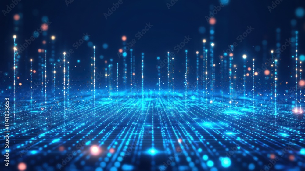 Aufkleber a digital landscape of glowing lines and particles, representing data and technology.