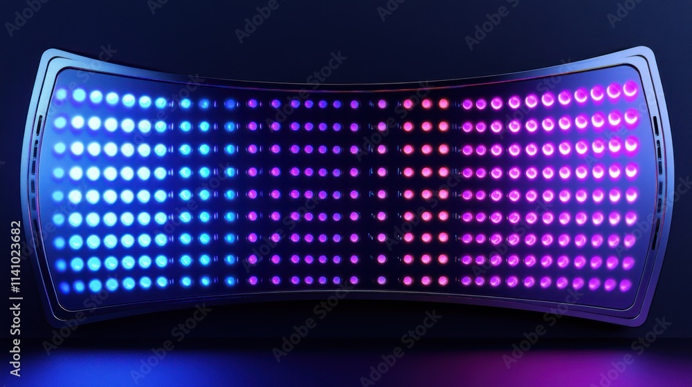 Poster a curved led display featuring vibrant blue and purple lights in a grid pattern.