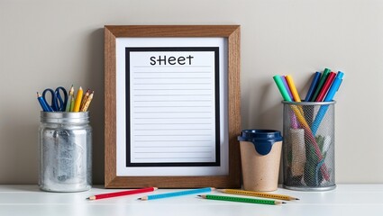 Sheet of Notepad and Frame with School Supplies, Representing an Organized and Creative Workspace for Productive Study and Learning