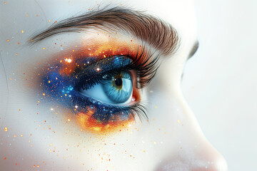 Fototapeta premium Creative makeup art featuring a galaxy design around an eye with vivid colors showcasing a cosmic theme