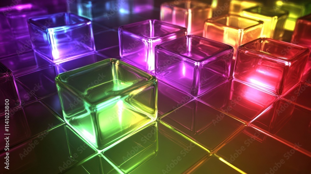 Aufkleber colorful translucent cubes arranged on a reflective surface, creating a vibrant visual effect.