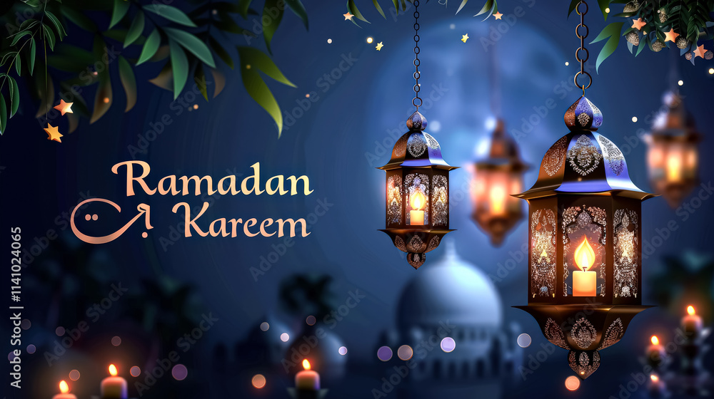 Poster black and white image of three lanterns with the word ramadan written below them. the lanterns are l