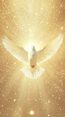 Vertical image of a dove on a golden background with a beautiful light flare, symbolizing religion, spirituality, peace, and divinity