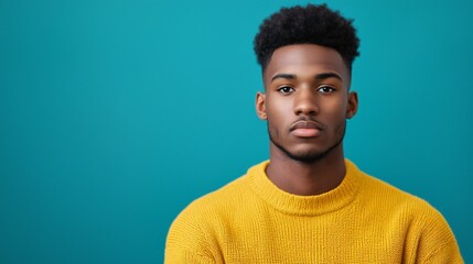 Obraz premium Black History Month Serious Young Man Portrait Teal Background Yellow Sweater