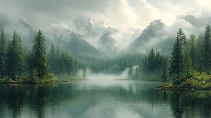 Fototapeta premium Misty mountain lake, serene forest reflection.