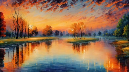 Fototapeta premium A painting of a sunset over a lake with trees in the foreground