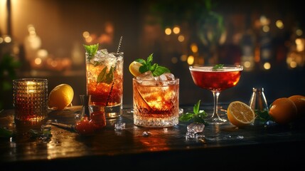 A vibrant display of cocktails on a wooden bar, showcasing various drinks and garnishes.