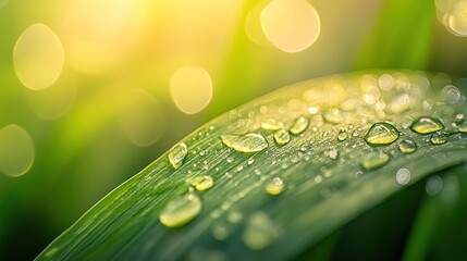 Close-up of a leaf with water droplets, illuminated by soft sunlight.