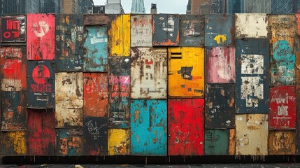 Colorful, weathered, layered, urban, collage.