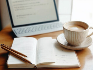 Open notebook with two wooden pens on a desk, next to a cup of coffee with latte