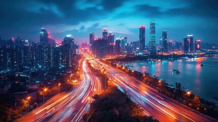 Night cityscape, vibrant highway lights, river.