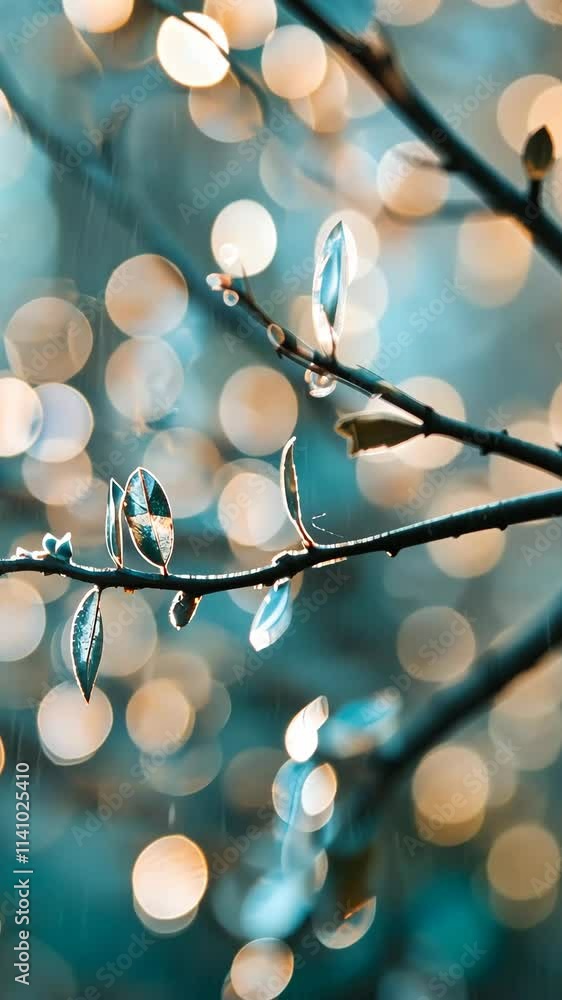 Poster bokeh background with dew-covered branches and leaves in a serene setting during early morning light