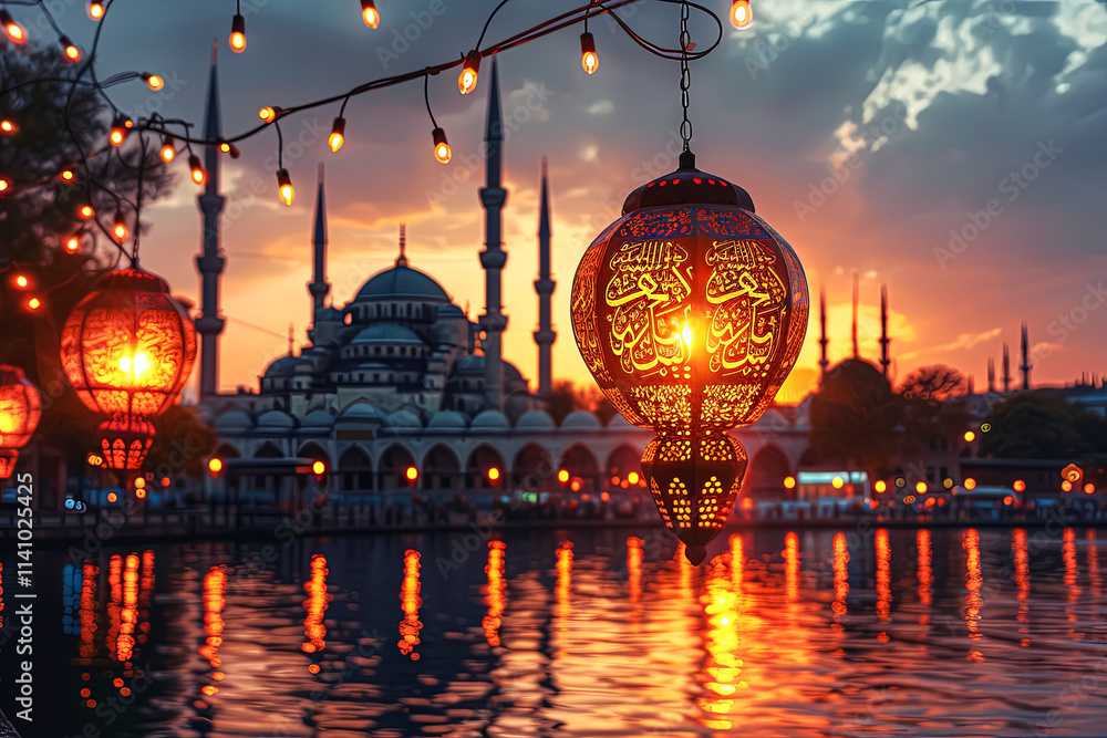 Poster lit lantern hangs over a body of water in front of a large building. the lanterns are lit up in the 
