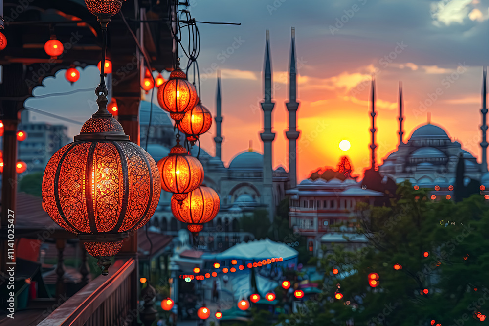 Poster lit lantern hangs over a body of water in front of a large building. the lanterns are lit up in the 