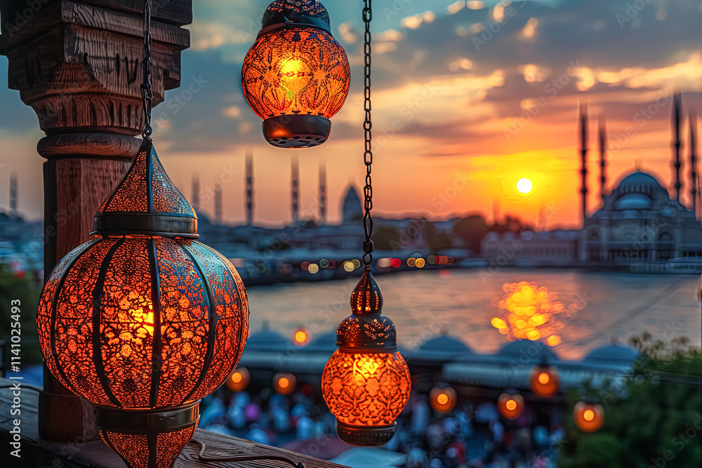 Poster lit lantern hangs over a body of water in front of a large building. the lanterns are lit up in the 