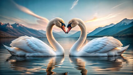 Obraz premium Two swans forming a heart shape with their necks on a tranquil lake at sunset 