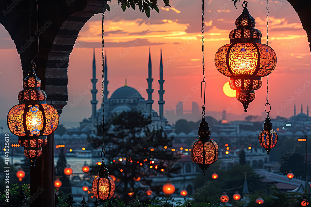 Poster lit lantern hangs over a body of water in front of a large building. the lanterns are lit up in the 