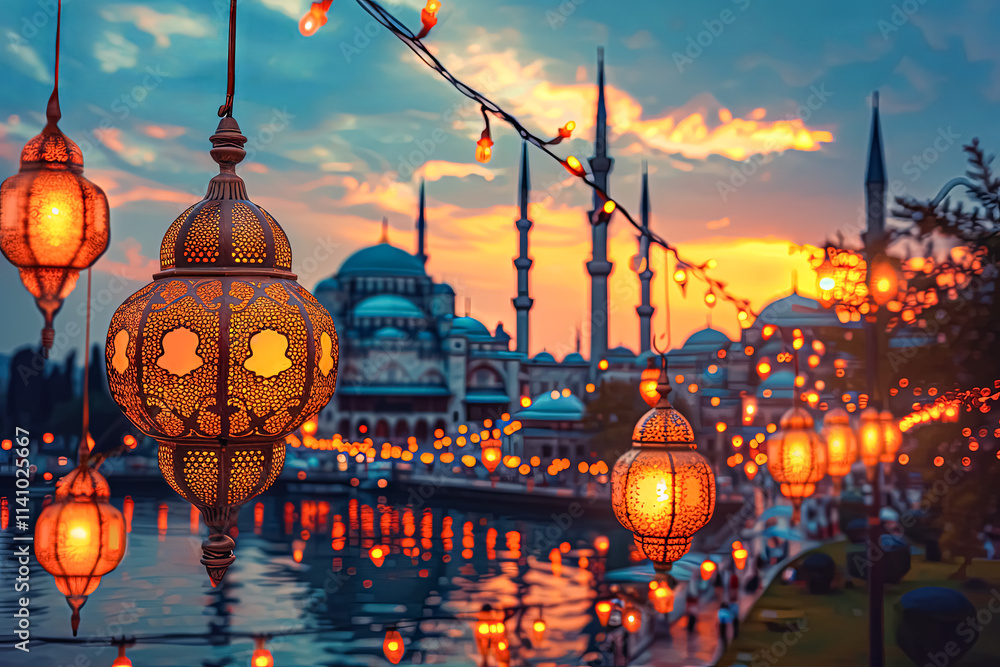 Poster lit lantern hangs over a body of water in front of a large building. the lanterns are lit up in the 