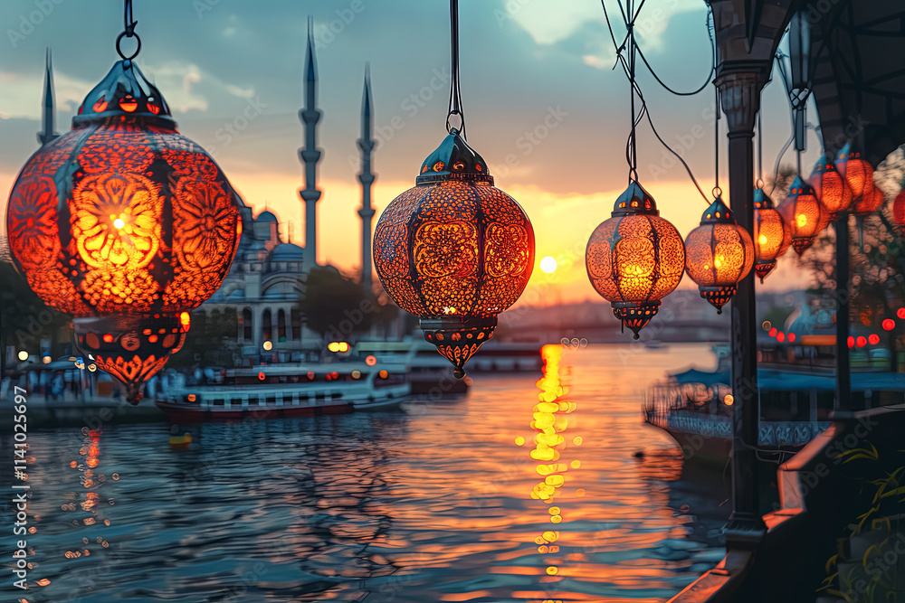 Poster lit lantern hangs over a body of water in front of a large building. the lanterns are lit up in the 