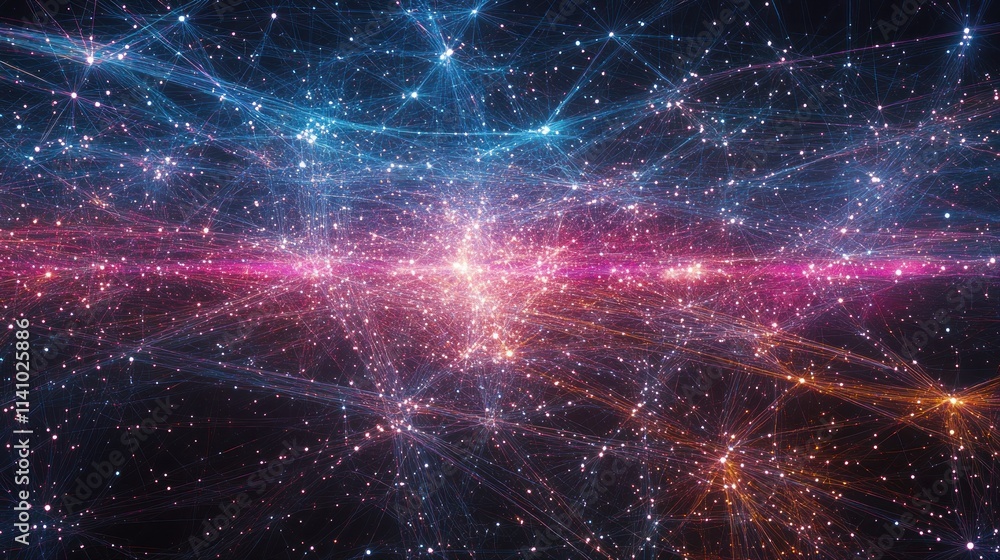 Poster abstract cosmic visualization depicting interconnected stars and energy pathways in space.