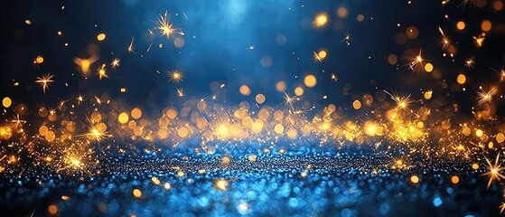 Naklejka premium A vibrant background with shimmering blue and gold sparkles, ideal for festive designs.