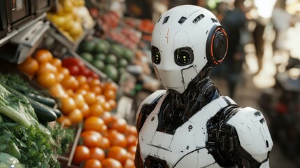 Fototapeta premium Robot Picking Vegetables in Futuristic Grocery Store