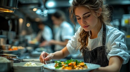 Focused Chef Plating Gourmet Dish in Restaurant Kitchen