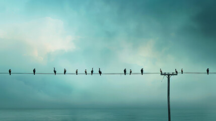 Birds returning from warmer climates, gathering on power lines