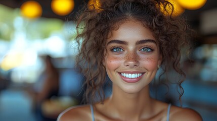 Fototapeta premium Portrait of a Smiling Young Woman with Curly Hair