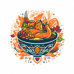 Bowl of food with a lot of different colored ingredients. The bowl is blue and orange. The bowl is filled with food and has a lot of different colors