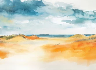 Fototapeten Watercolor painting of a serene coastal landscape with sand dunes, ocean, and cloudy sky. © tolem929