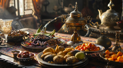 Table is set with a variety of foods, including fruits, nuts, and pastries. The table is lit with candles, creating a warm and inviting atmosphere. The food is arranged in several bowls and plates