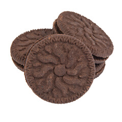 Brown chocolate chip cookie isolated on white background.