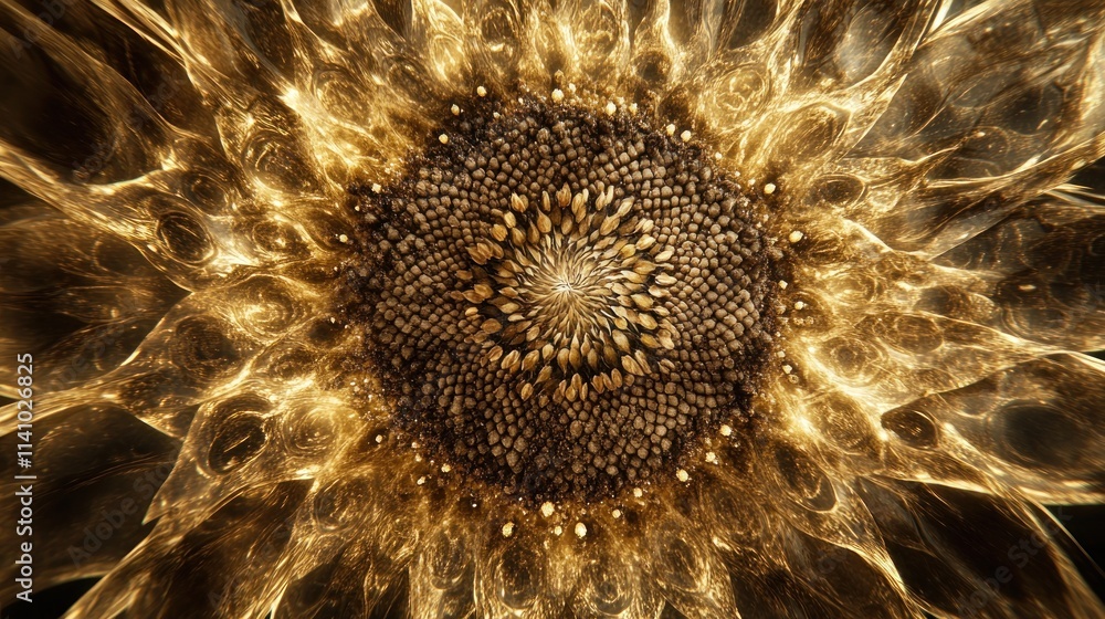 Poster a mesmerizing abstract representation of a sunflower with intricate golden patterns.