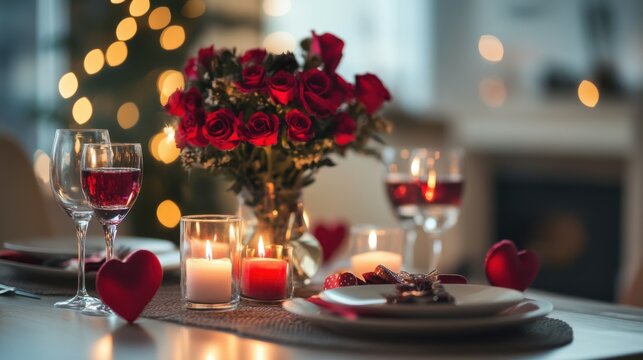 holidays, romantic date and celebration concept - close up of festive table serving for two with flowers in vase and candles burning at home on valentine's day