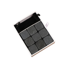 Whiskey cooler set gray soapstone stones close up. Gray whiskey stone.. isolated png background.