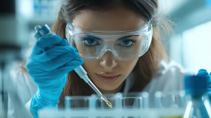 science research, work and people concept - female scientist in goggles with dropper and chemical or test sample in beaker working in laboratory