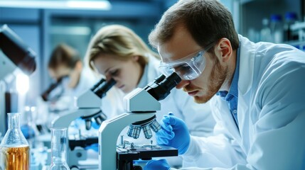 science research, work and people concept - international team of scientists with microscopes working in laboratory