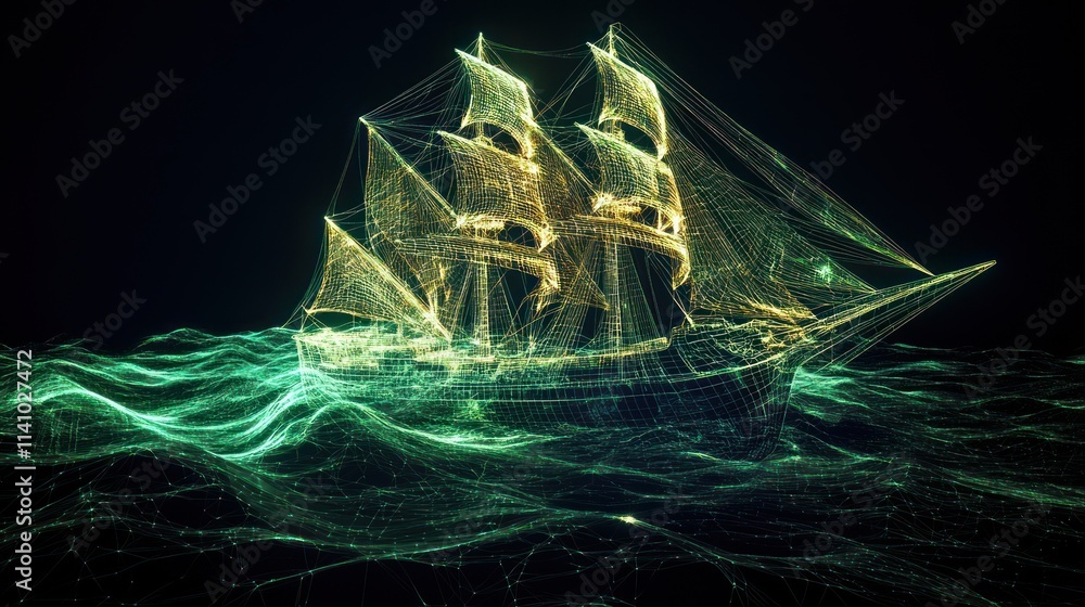 Poster a digital representation of a sailing ship in a sea of glowing lines and waves.